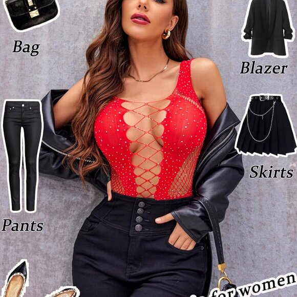 Rhinestone Bodysuit Tops Sparkle Fishnet Lingerie Sexy Outfit for Women Mesh Bod - Picture 7 of 7